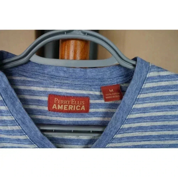 Vintage T-Shirt Men's Medium 90s Stripes Blue Perry Ellis V-Neck #555 - Picture 6 of 6